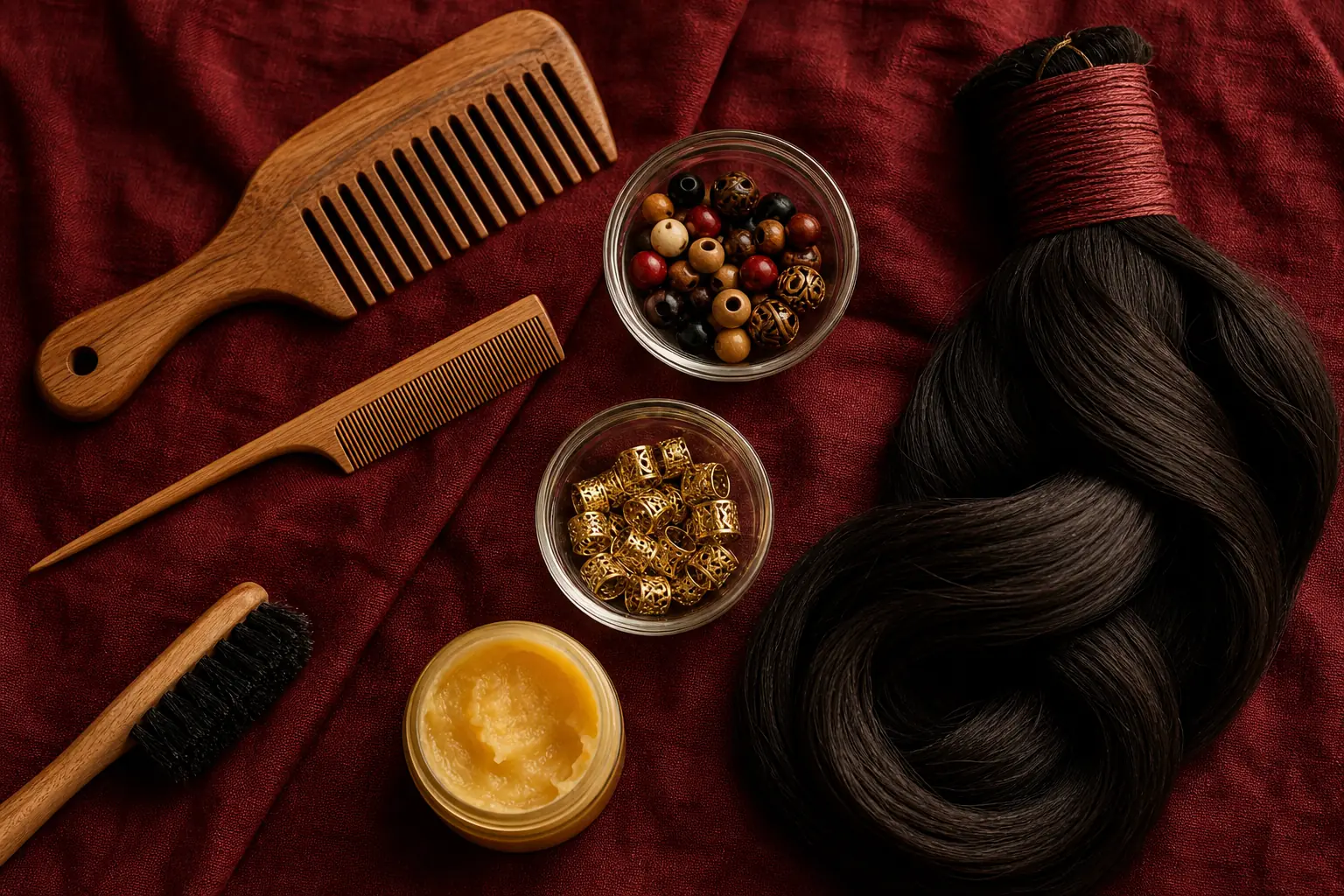 Braiding tools laid out on burgundy linen — combs, beads, gold cuffs and shea butter