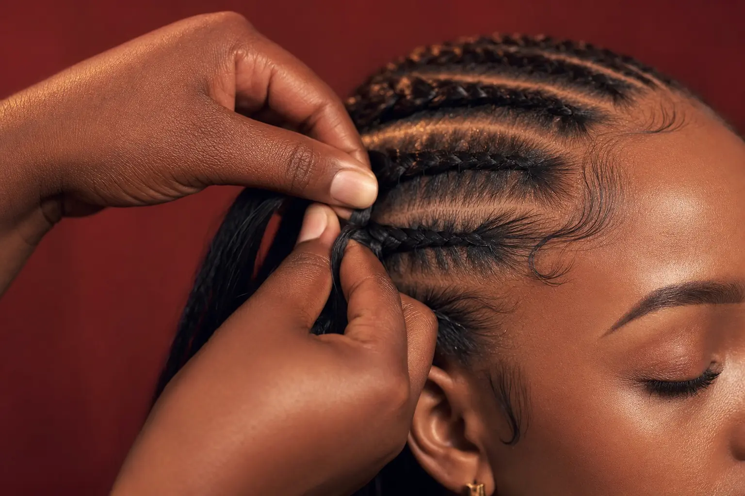 Close-up of a braider's hands weaving three strands of hair