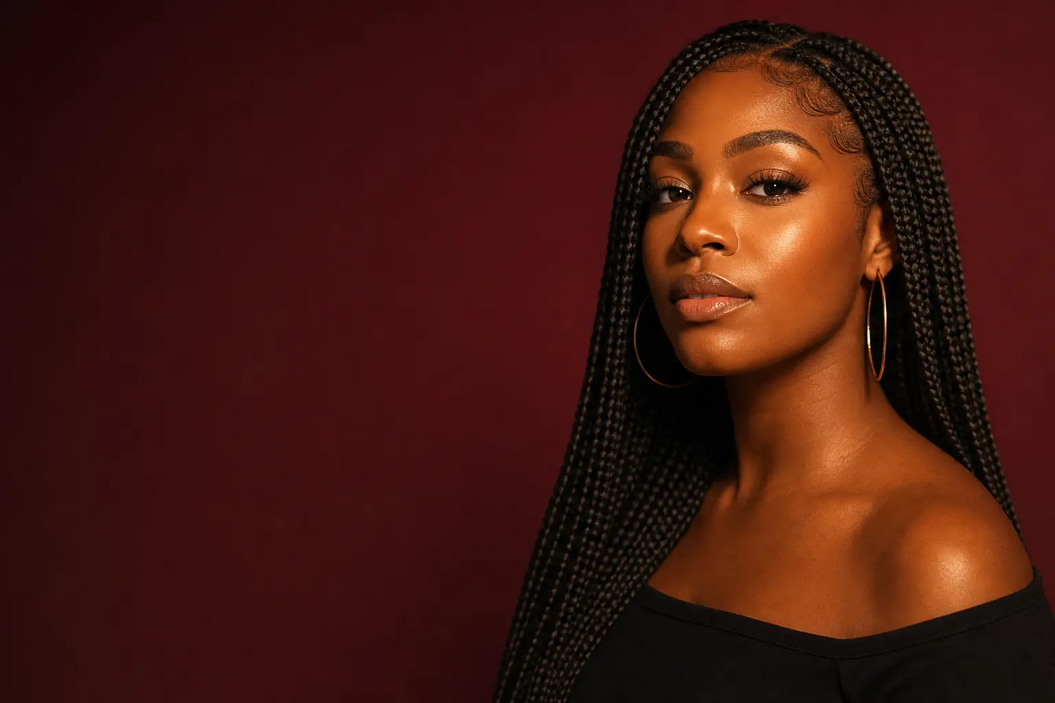 Woman wearing long knotless box braids, lit in warm gold against deep burgundy