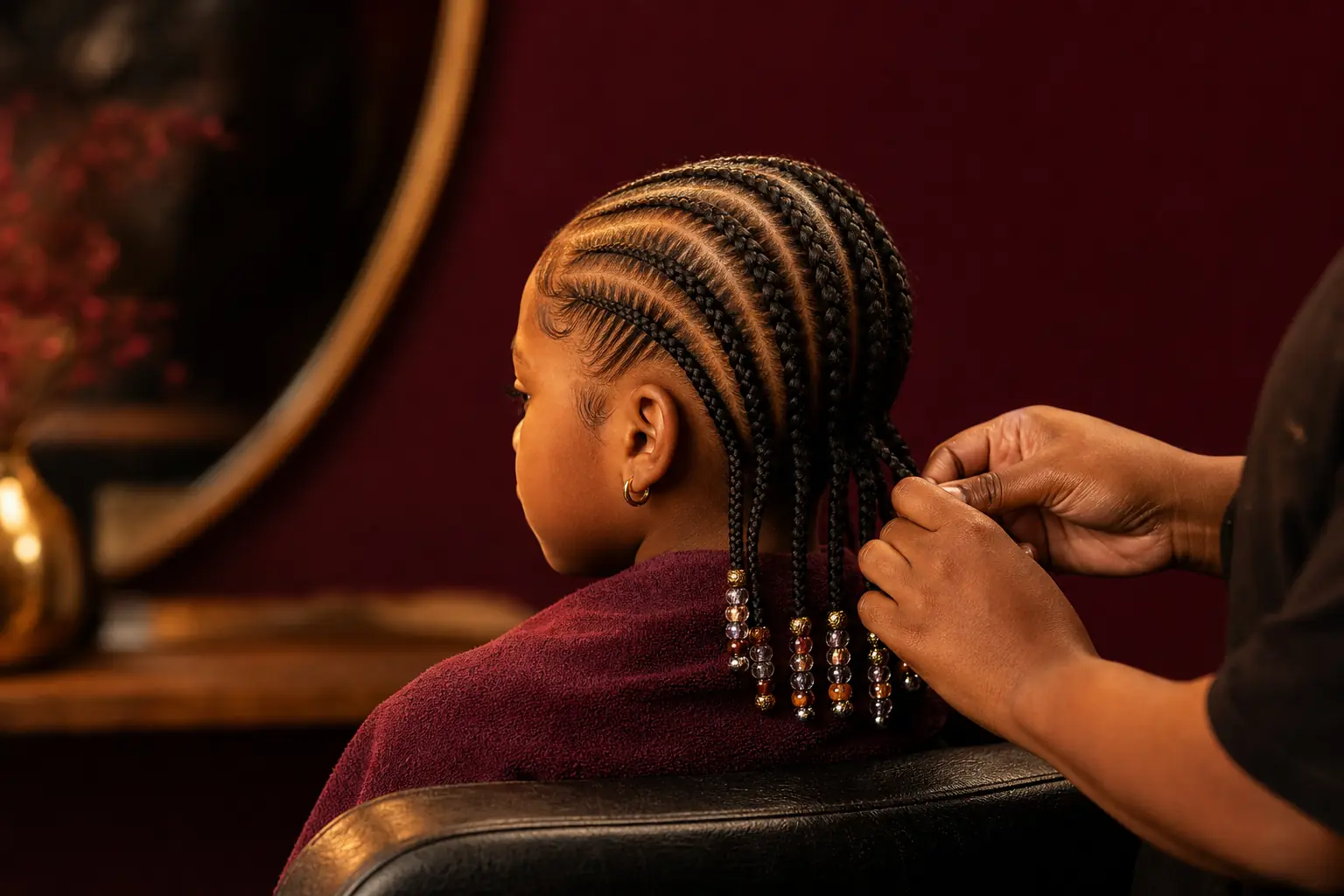 A young girl with beaded braids in the styling chair while a braider finishes a cornrow
