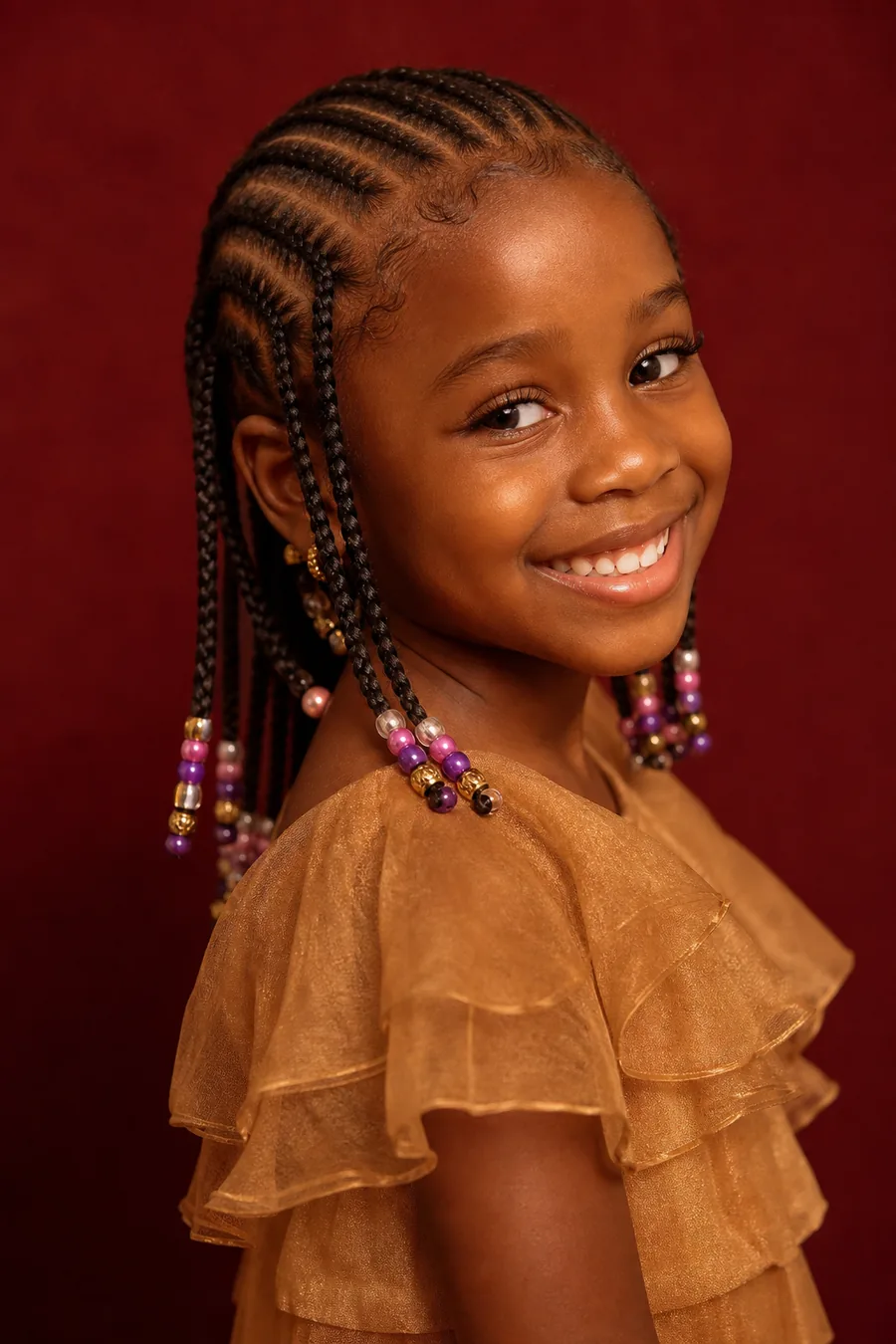 Kids' braiding — young girl with beaded cornrows, style illustration
